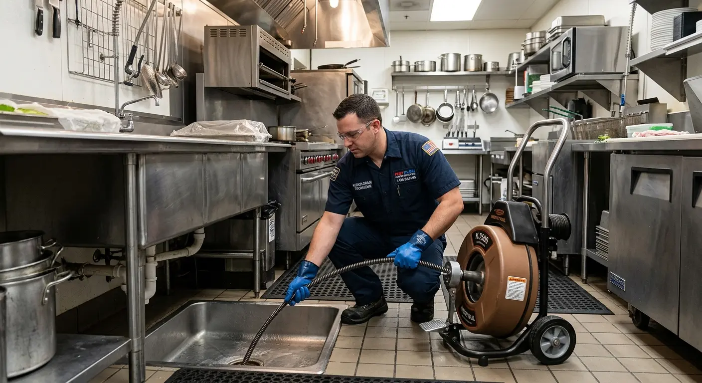 Commercial drain cleaning service in a restaurant kitchen in International Falls