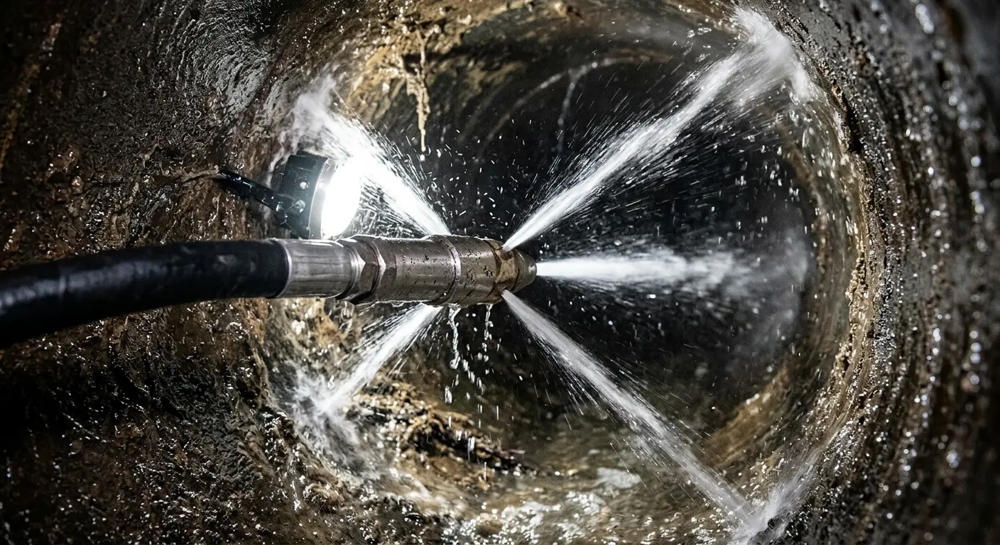 High-pressure hydro jetting nozzle cleaning sewer pipe for Sewer Cleanout in International Falls