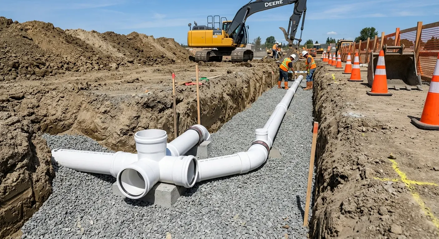 New PVC sewer pipe installation in open trench for Commercial Drain Cleaning in International Falls