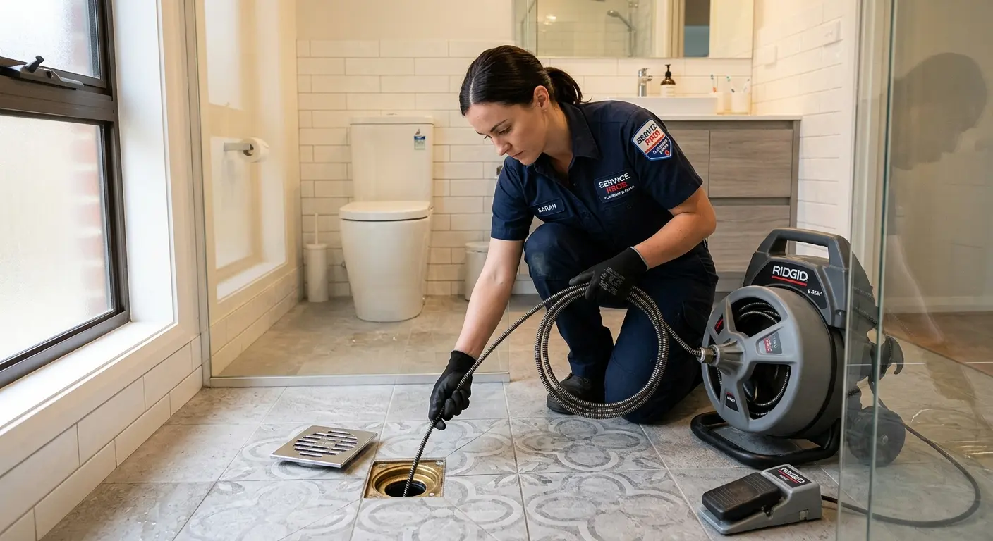 Technician clearing a bathroom floor drain for Clogged Drain Repair in International Falls